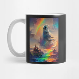 HUGE GHOST OVER HALLOWEEN CASTLE WITH RAINBOW Mug